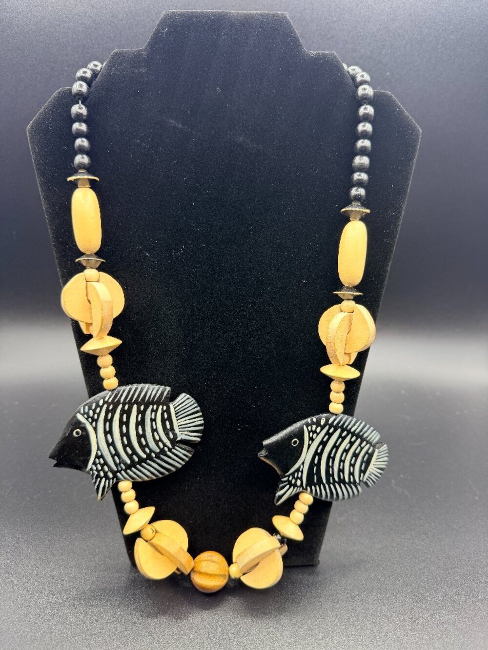 VINTAGE Jewelry Wooded Black & White Fish Necklace, Handpainted, Barrel closure